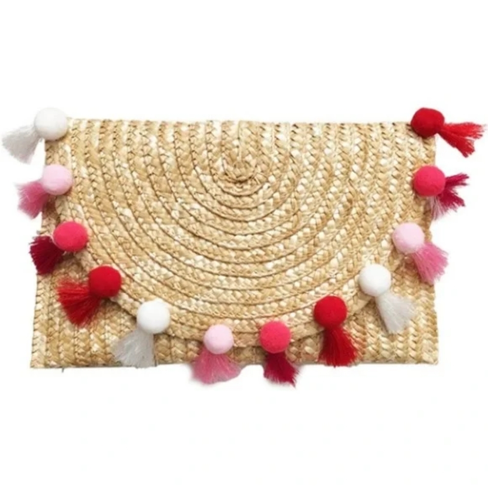 Straw Pom Pom and Tassel Clutch NWOT